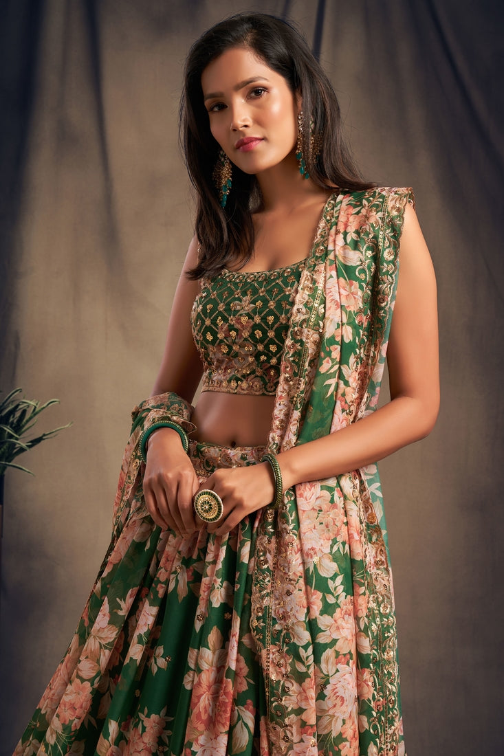 Blue & Peach-Coloured Embroidered Sequinned Shibori & Blouse With Dupatta