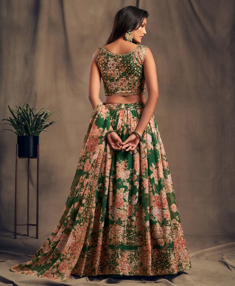 Green & Pink Embroidered Sequinned Shibori Lehenga & Blouse With Dupatta