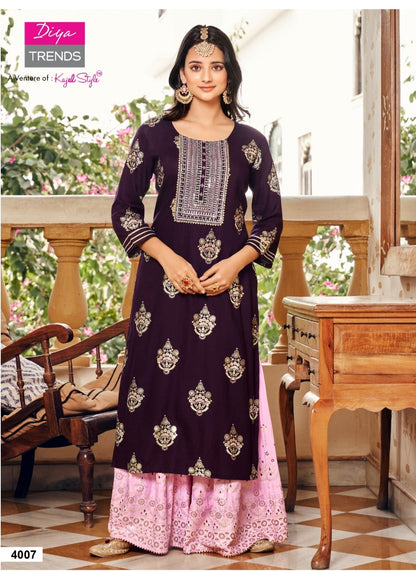 Traditional Aubergine Long Tunic with Candy Pink Flared Bottoms