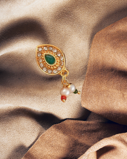 Gold-Plated White & Green Stone-Studded & Pearl Beaded Enamelled Nosepin