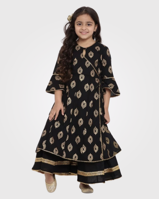 Girls Black Foil Printed Kurta with Palazzos