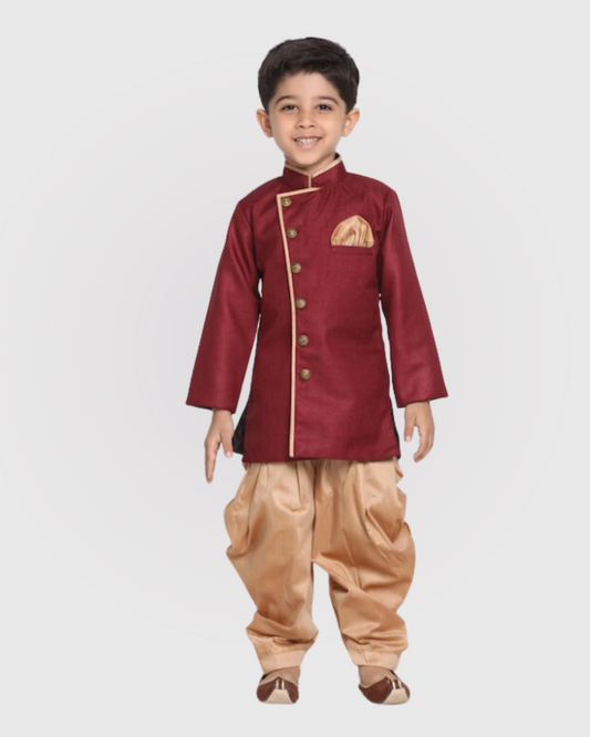 Boys Maroon & Gold-Toned Solid Kurta with Dhoti Pants