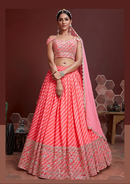 Women Peach & Gold Embellished Lehenga Set