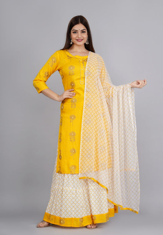 Elegant Yellow Printed Tunic with Skirt & Stole