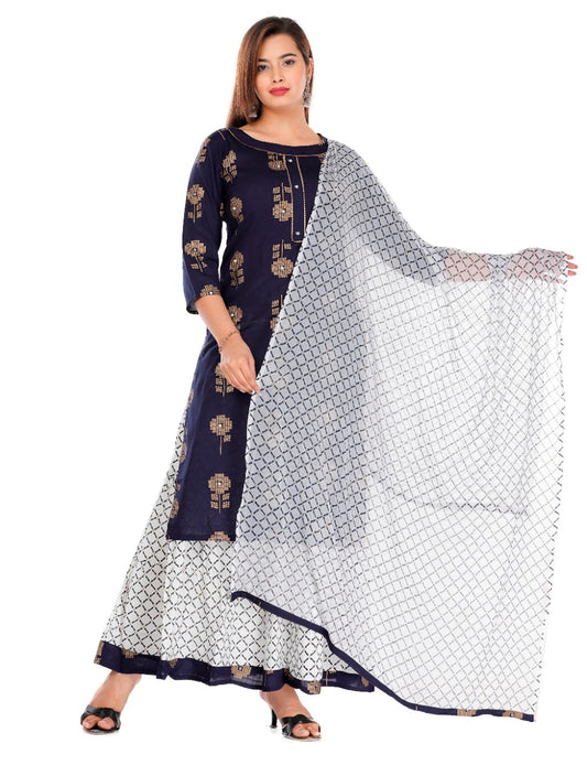 Elegant Navy Blue Printed Tunic with Skirt and Stole