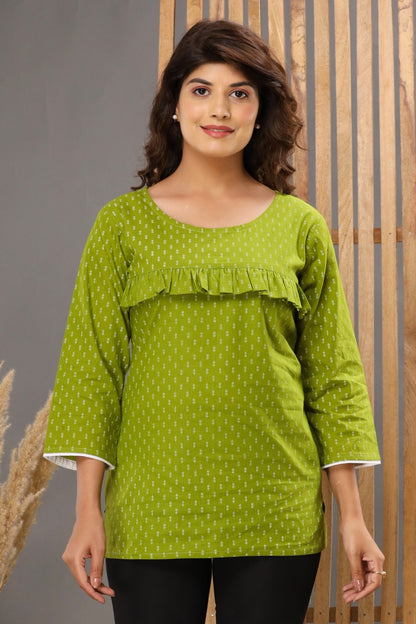 Green Cotton Printed Short Kurti