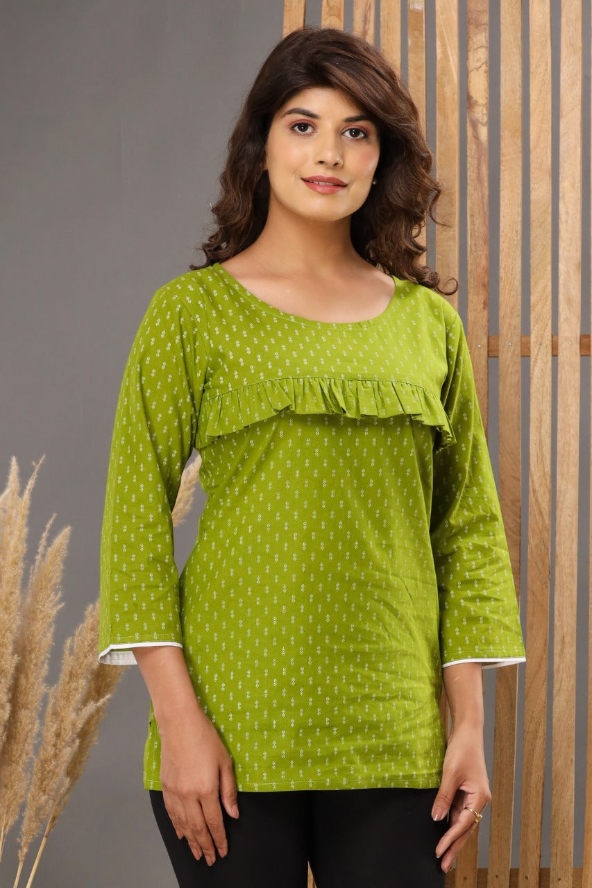 Green Cotton Printed Short Kurti