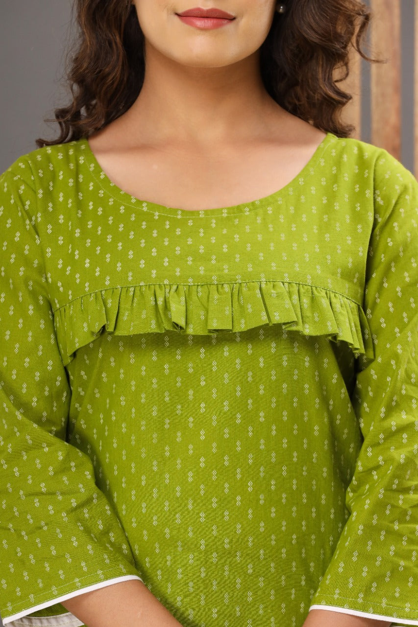 Green Cotton Printed Short Kurti