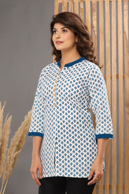 White & Blue Printed Short Tunic Top