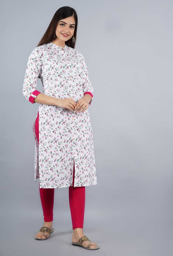 Cotton White and Pink Printed Kurti