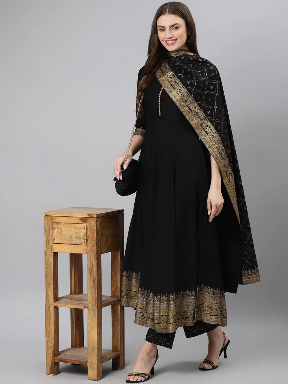 Black Brocade Border Tunic with Palazzo pants & stole Set