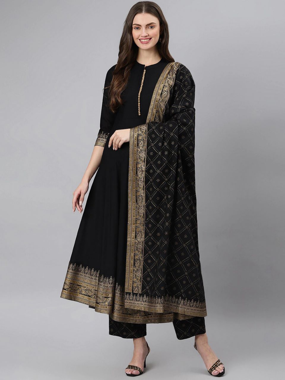 Black Brocade Border Tunic with Palazzo pants & stole Set