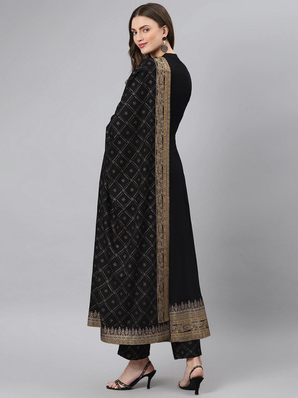 Black Brocade Border Tunic with Palazzo pants & stole Set