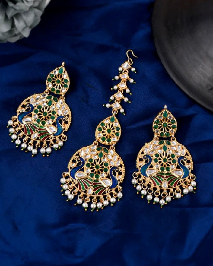 Gold plated & Green Meenakari Peacock Design Maang Tikka With Earrings