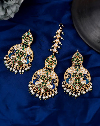 Gold plated & Green Meenakari Peacock Design Maang Tikka With Earrings