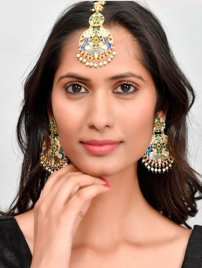 Gold plated & Green Meenakari Peacock Design Maang Tikka With Earrings