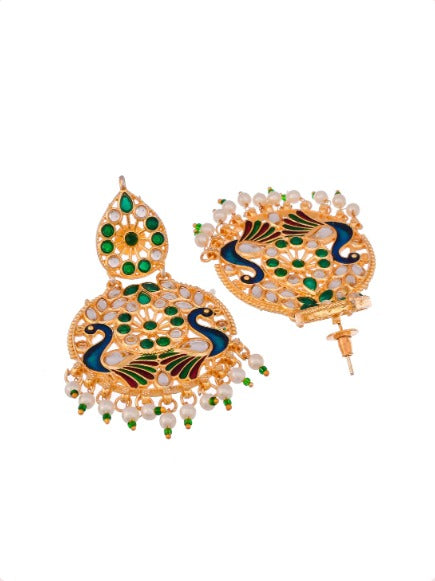 Gold plated & Green Meenakari Peacock Design Maang Tikka With Earrings