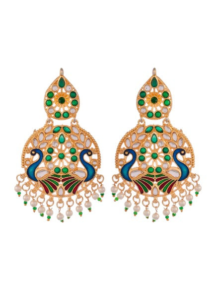 Gold plated & Green Meenakari Peacock Design Maang Tikka With Earrings