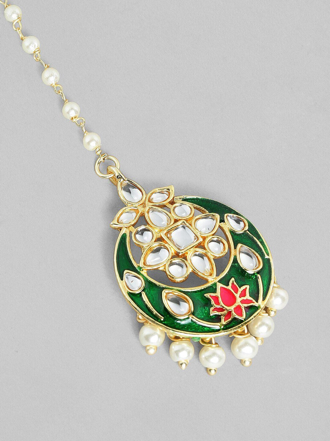 Gold-Plated White & Green Kundan-Studded Enamelled Handcrafted Maang Tikka