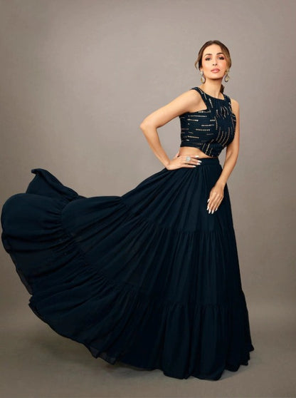 Stylish Navy Blue Embellished Top With Solid Full Flared Skirt