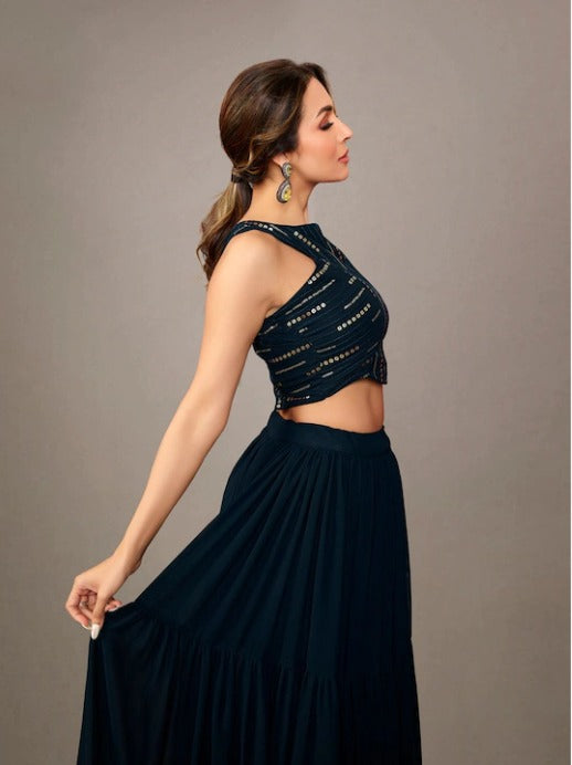 Stylish Navy Blue Embellished Top With Solid Full Flared Skirt