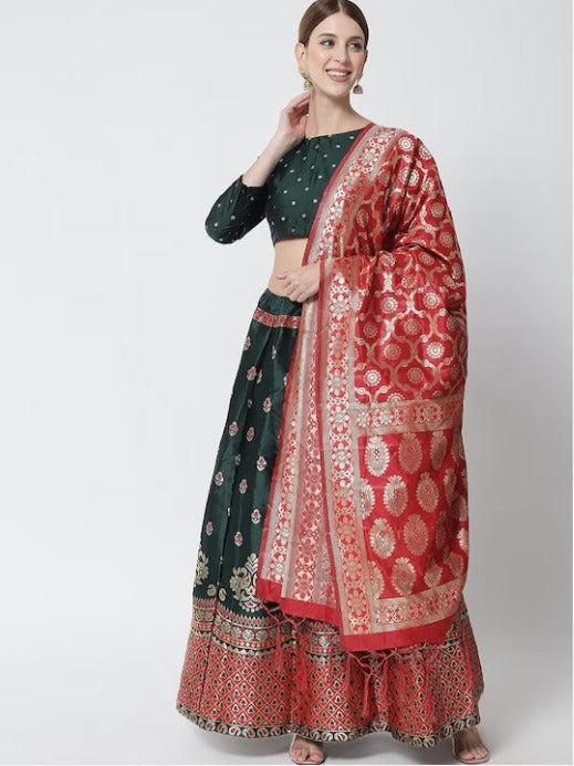 Green & Red Printed Ready to Wear Lehenga & stitched Blouse With Dupatta