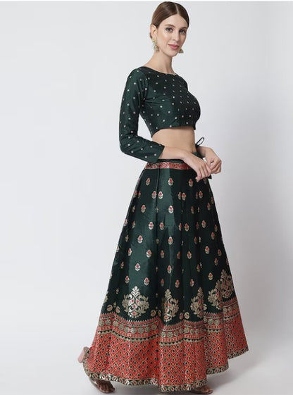 Green & Red Printed Ready to Wear Lehenga & stitched Blouse With Dupatta