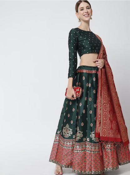 Green & Red Printed Ready to Wear Lehenga & stitched Blouse With Dupatta