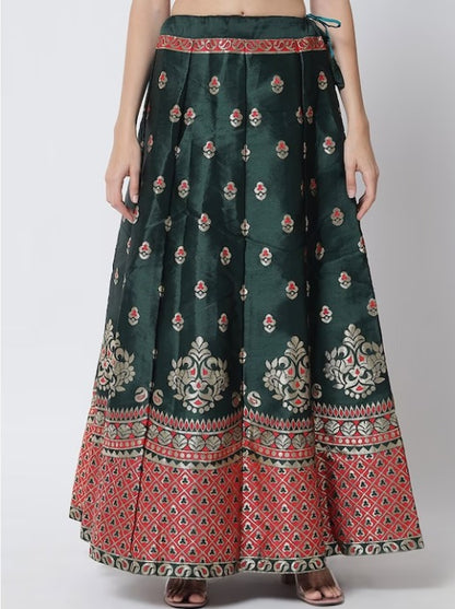 Green & Red Printed Ready to Wear Lehenga & stitched Blouse With Dupatta