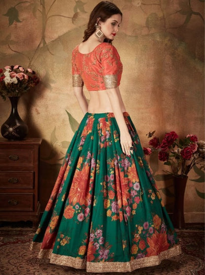 Green And Orange Embroidered Sequinned Lehenga & Blouse With Dupatta