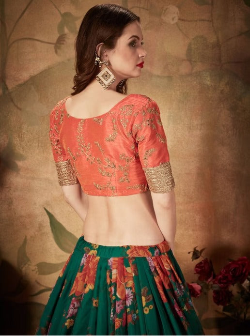 Green And Orange Embroidered Sequinned Lehenga & Blouse With Dupatta