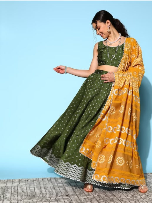 Olive Green & Silver-Toned Printed Ready to Wear Lehenga & Blouse With Dupatta