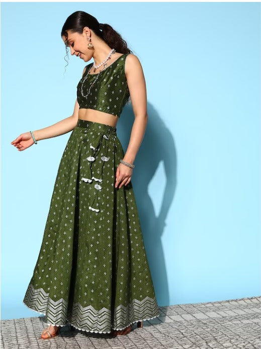 Olive Green & Silver-Toned Printed Ready to Wear Lehenga & Blouse With Dupatta