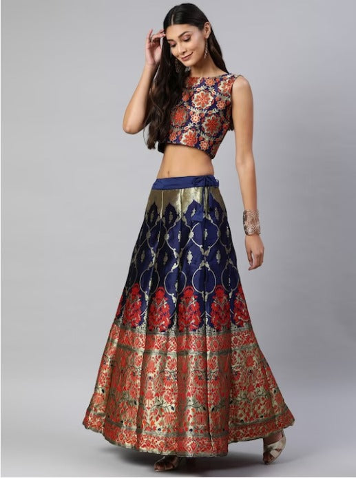 Navy Blue Woven Design Lehenga & Blouse with Dupatta