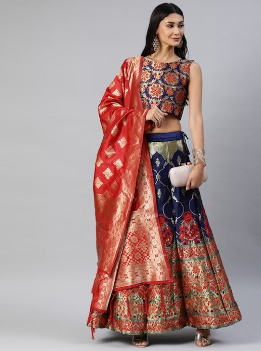 Navy Blue Woven Design Lehenga & Blouse with Dupatta