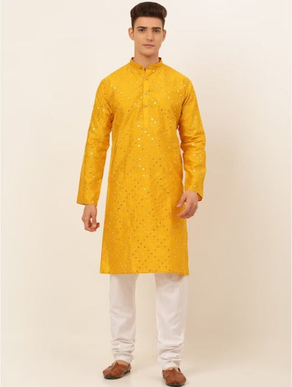 Men Embroidered Mirror Work Dupion Silk Kurta with Pyjamas