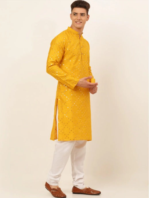 Men Embroidered Mirror Work Dupioni Silk Kurta with Pyjamas