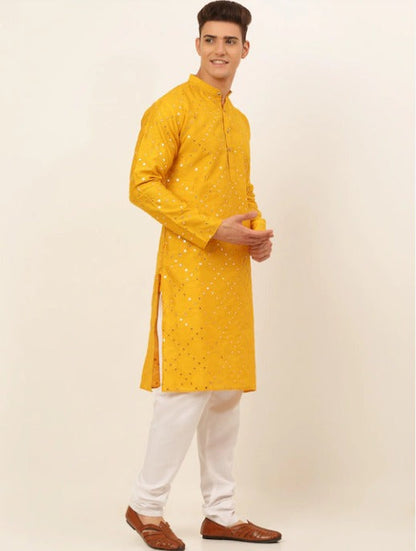 Men Embroidered Mirror Work Dupion Silk Kurta with Pyjamas