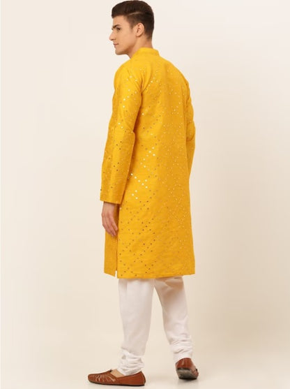 Men Embroidered Mirror Work Dupioni Silk Kurta with Pyjamas