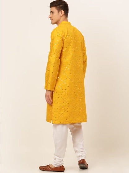 Men Embroidered Mirror Work Dupion Silk Kurta with Pyjamas