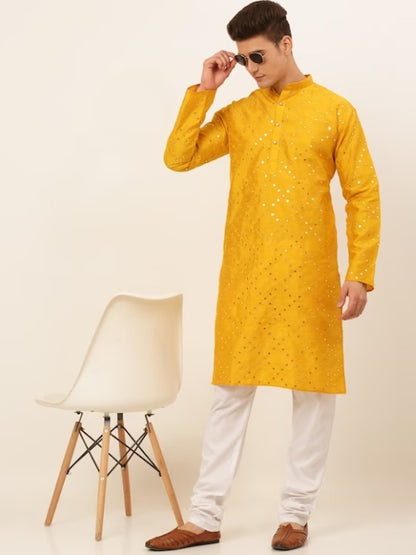 Men Embroidered Mirror Work Dupioni Silk Kurta with Pyjamas