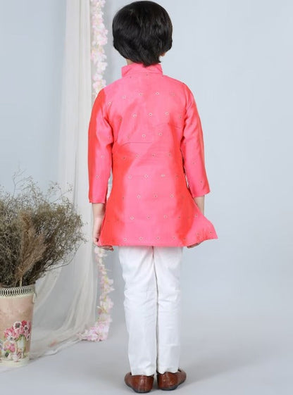 Boys Ethnic Motifs Embroidered Mandarin Collar Thread Work Kurta with Pyjamas