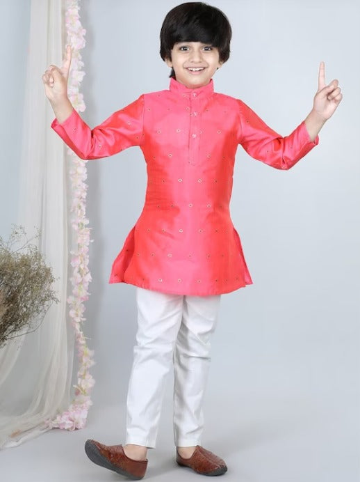 Boys Ethnic Motifs Embroidered Mandarin Collar Thread Work Kurta with Pyjamas