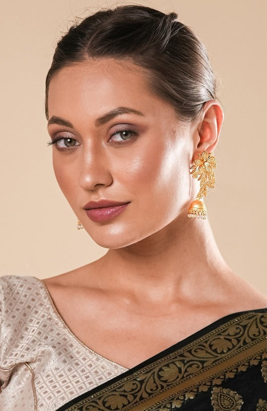Woman Gold Plated Floral Designed Long Jhumka Earring