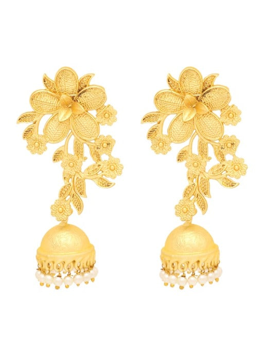 Woman Gold Plated Floral Designed Long Jhumka Earring