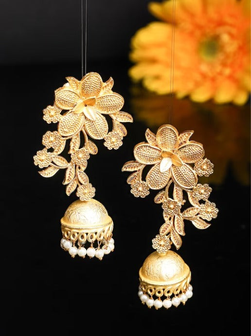 Woman Gold Plated Floral Designed Long Jhumka Earring
