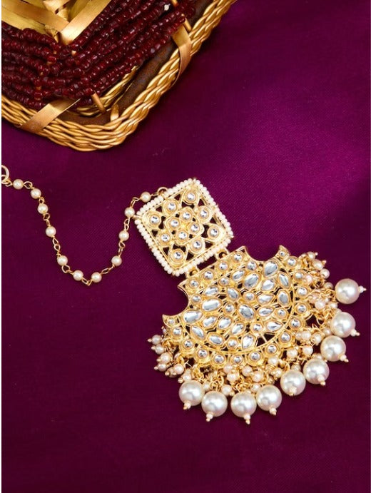 Gold-Plated Kundan Studded & Beaded Maang Tika