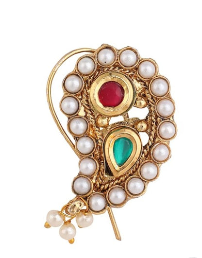 Gold-Plated Pink & White Stone-Studded Beaded Nosepin