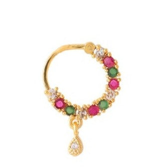 Gold-Plated Green And Pink AD-Studded Nose Ring