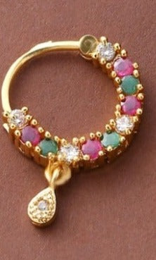 Gold-Plated Green And Pink AD-Studded Nose Ring